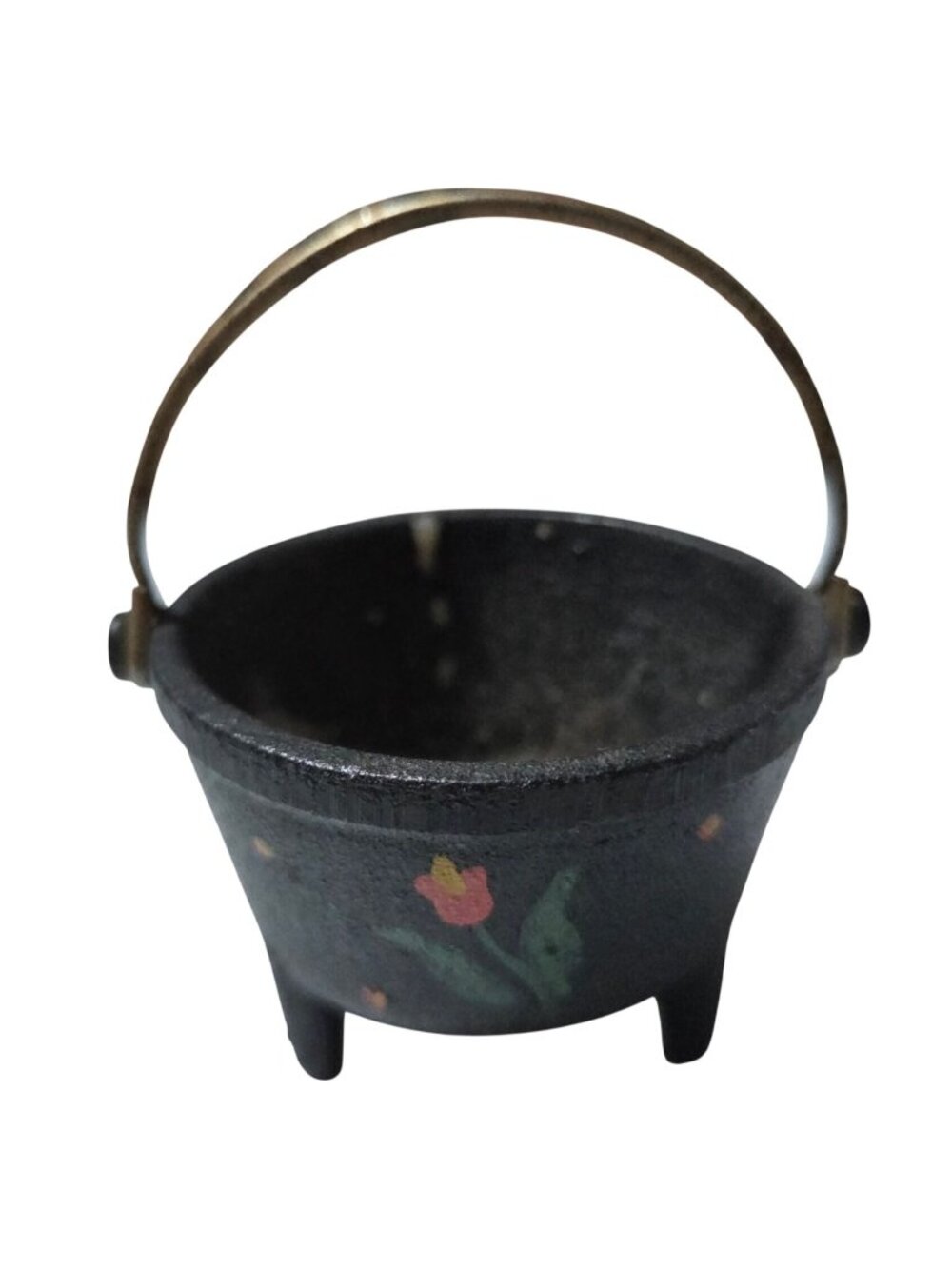 Mini Wilton Cast Iron Cauldron Hand Painted Floral Design Pot Metal Handle